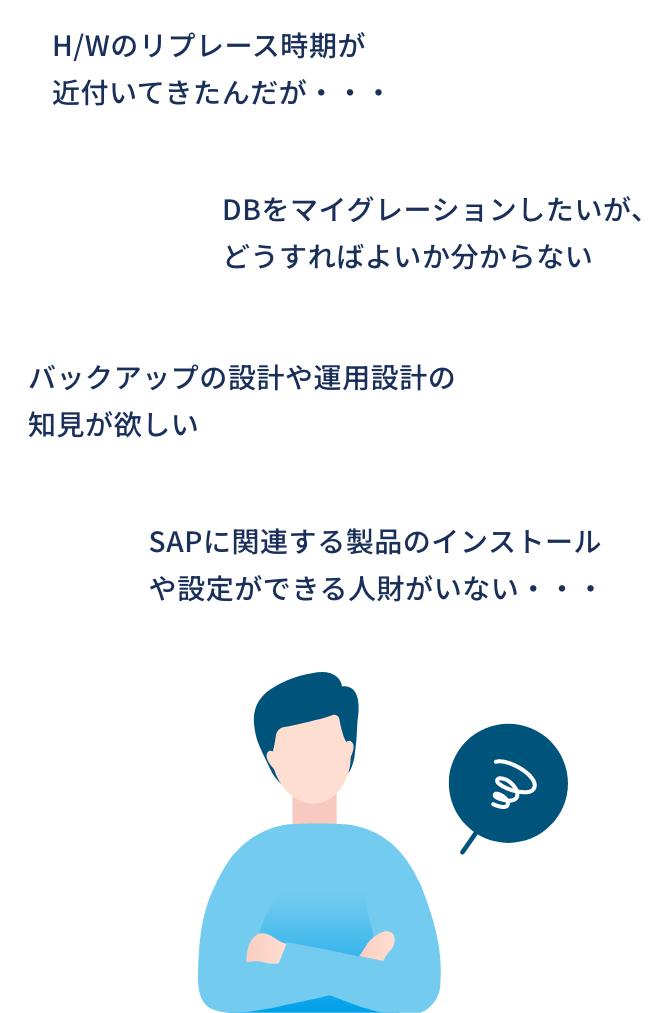 H/Wのリプレース時期が近付いてきたんだが・・・/バックアップの設計や運用設計の知見が欲しい/DBをマイグレーションしたいが、どうすればよいか分からない/SAPに関連する製品のインストールや設定ができる人財がいない・・・