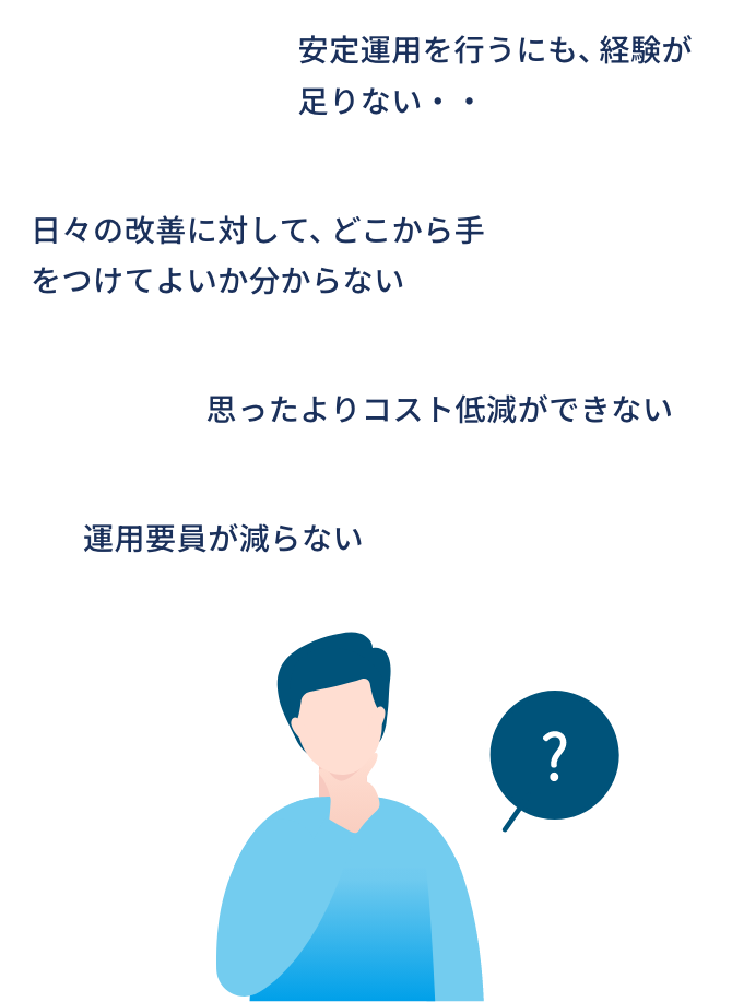 運用要員が減らない/日々の改善に対して、どこから手をつけてよいか分からない/安定運用を行うにも、経験が足りない・・/思ったよりコスト低減ができない
